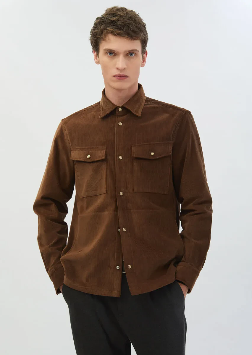 Kahverengi Fitilli Casual Fit Dokuma Kadife %100 Yün Overshırt - 1