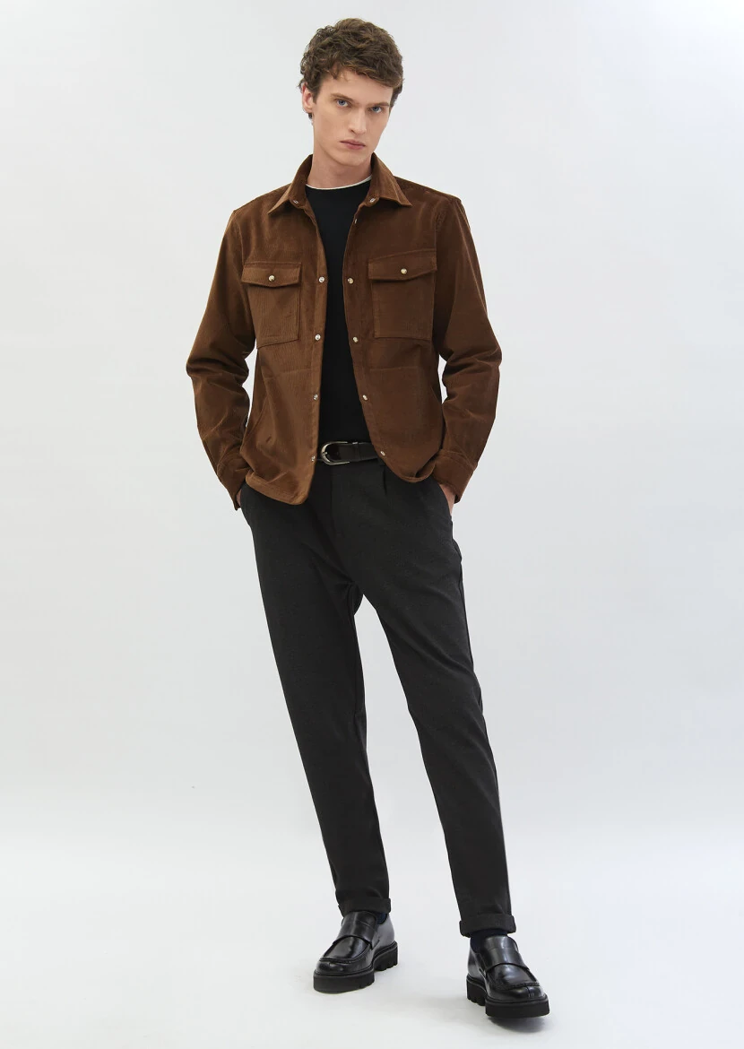 Kahverengi Fitilli Casual Fit Dokuma Kadife %100 Yün Overshırt - 2