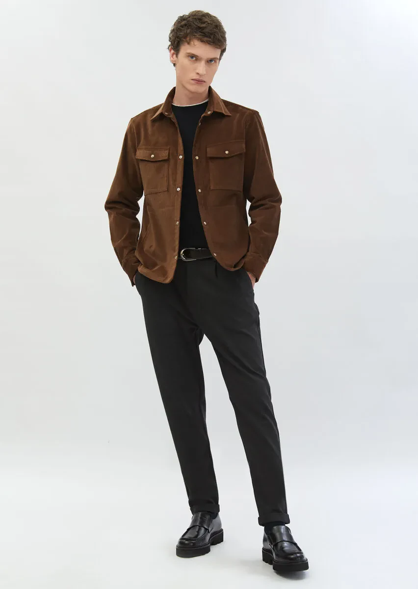 Kahverengi Fitilli Casual Fit Dokuma Kadife %100 Yün Overshırt - 2