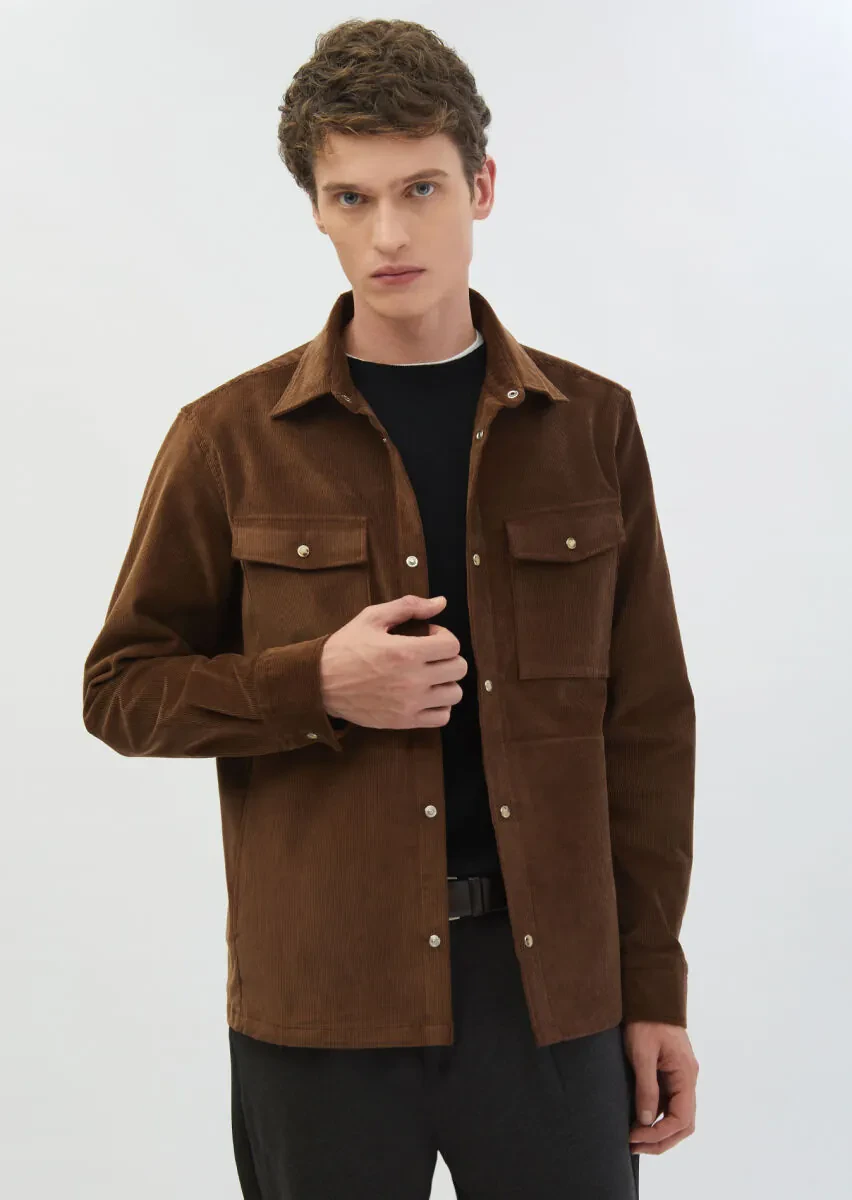 Kahverengi Fitilli Casual Fit Dokuma Kadife %100 Yün Overshırt - 3