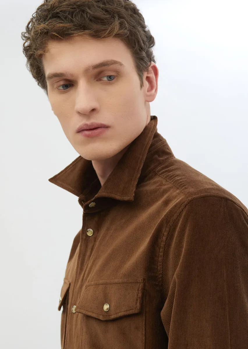 Kahverengi Fitilli Casual Fit Dokuma Kadife %100 Yün Overshırt - 4