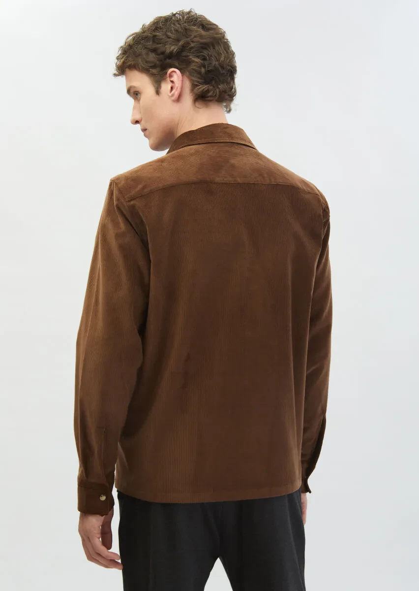 Kahverengi Fitilli Casual Fit Dokuma Kadife %100 Yün Overshırt - 5