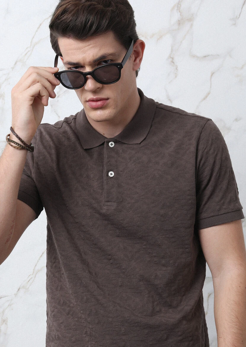 Kahverengi Jakarlı Polo Yaka %100 Pamuk T-Shirt - 3