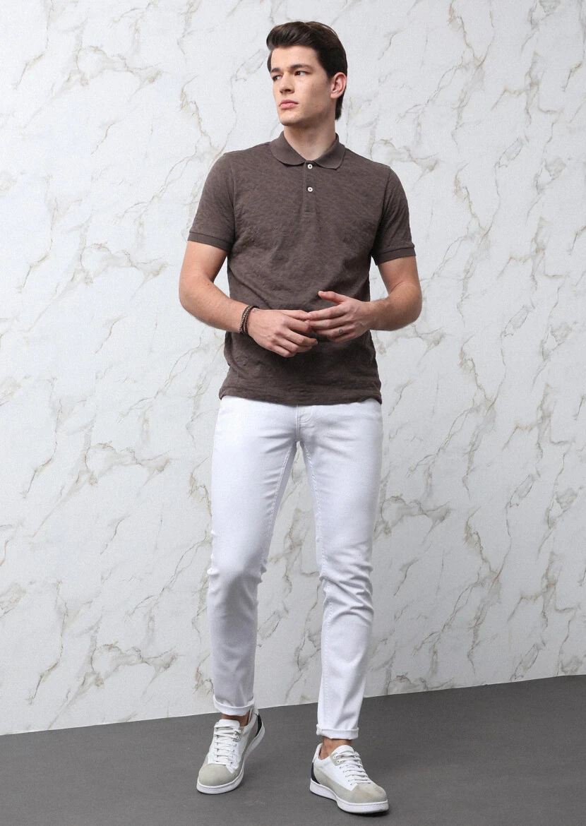 Kahverengi Jakarlı Polo Yaka %100 Pamuk T-Shirt - 6