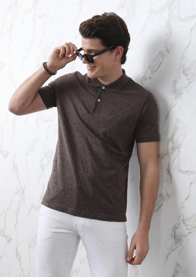 Kahverengi Jakarlı Polo Yaka %100 Pamuk T-Shirt - 7