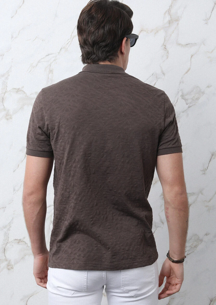 Kahverengi Jakarlı Polo Yaka %100 Pamuk T-Shirt - 8