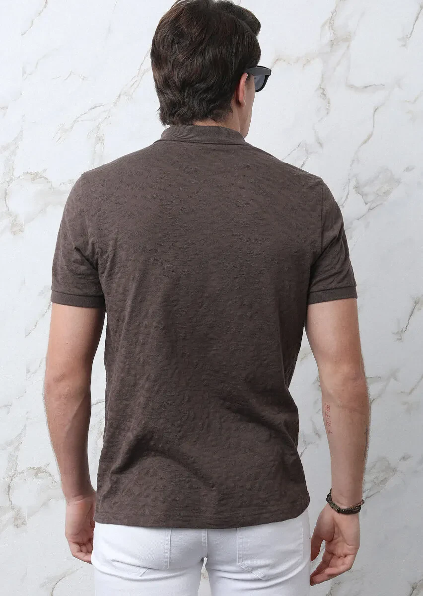 Kahverengi Jakarlı Polo Yaka %100 Pamuk T-Shirt - 8
