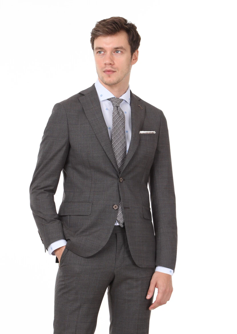 Kahverengi Kareli Modern Fit %100 Yün Takım Elbise - 1