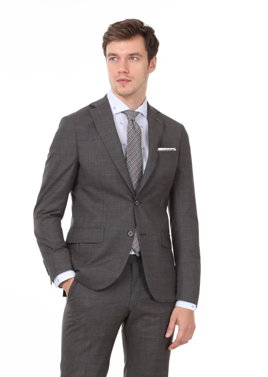 Kahverengi Kareli Modern Fit %100 Yün Takım Elbise - 1