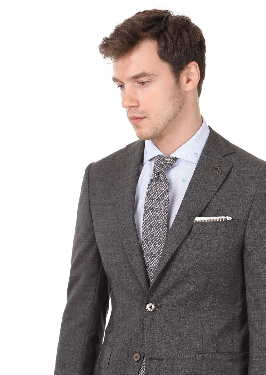 Kahverengi Kareli Modern Fit %100 Yün Takım Elbise - 2