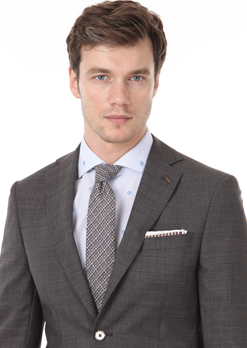 Kahverengi Kareli Modern Fit %100 Yün Takım Elbise - 3