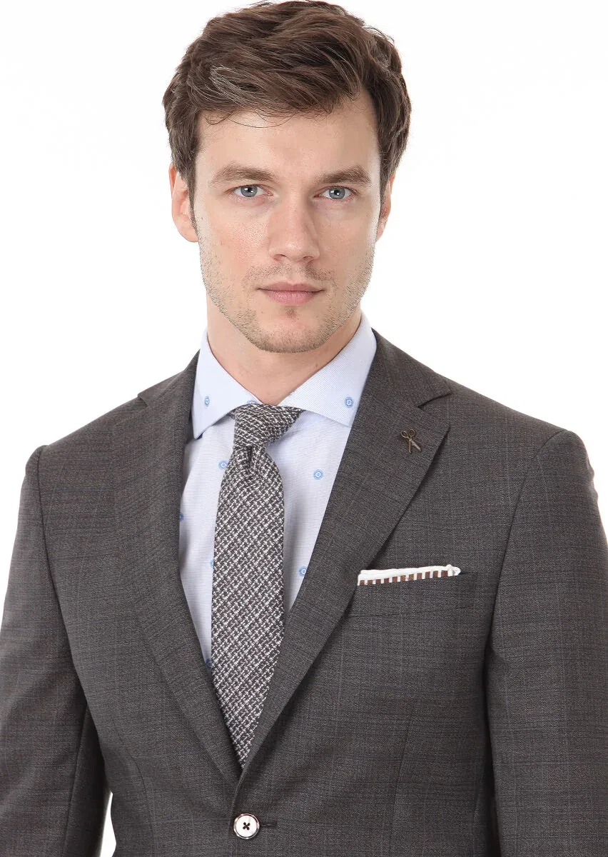 Kahverengi Kareli Modern Fit %100 Yün Takım Elbise - 3