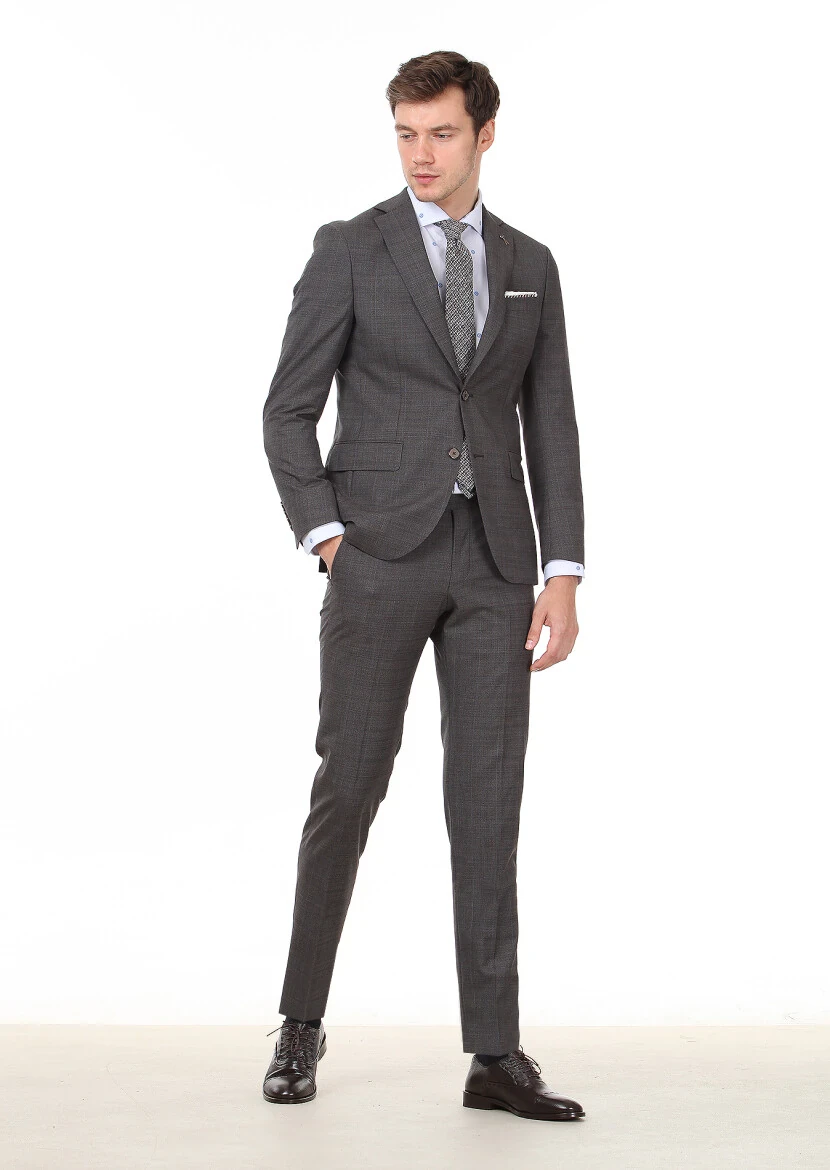 Kahverengi Kareli Modern Fit %100 Yün Takım Elbise - 4