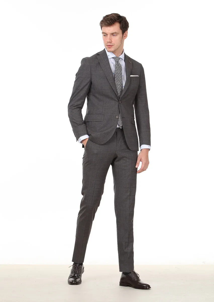 Kahverengi Kareli Modern Fit %100 Yün Takım Elbise - 4