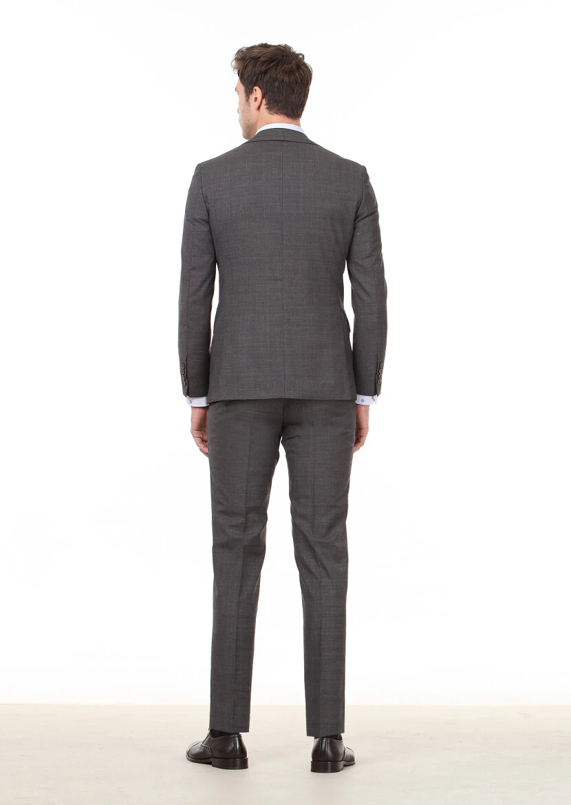 Kahverengi Kareli Modern Fit %100 Yün Takım Elbise - 5