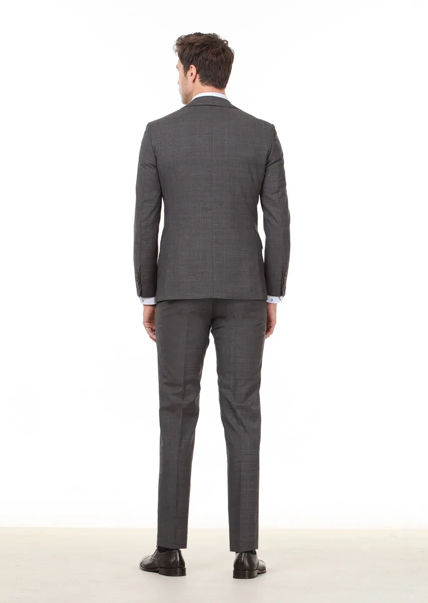 Kahverengi Kareli Modern Fit %100 Yün Takım Elbise - 5