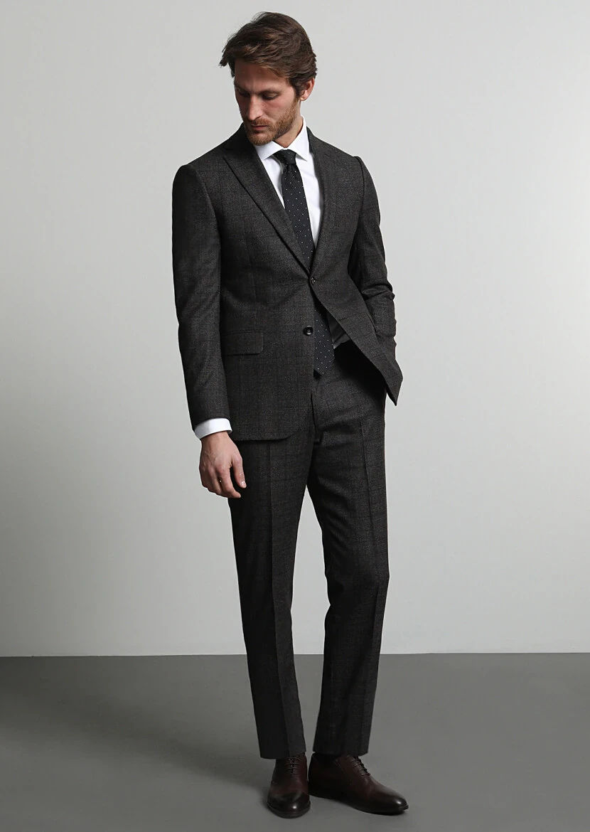 Kahverengi Kareli Regular Fit Yün Karışımlı Takım Elbise - 1