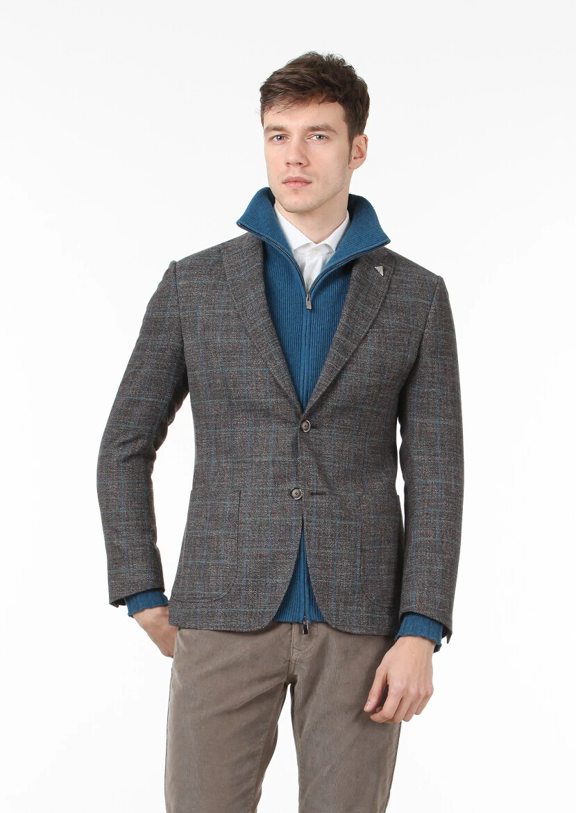 Kahverengi Kareli Zeroweight Slim Fit Yün Karışımlı Ceket - 3