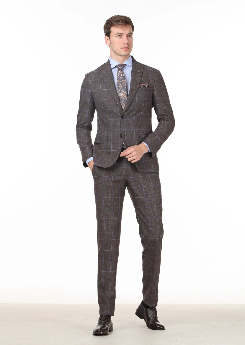 Kahverengi Kareli Zeroweight Slim Fit Yün Karışımlı Takım Elbise - 2