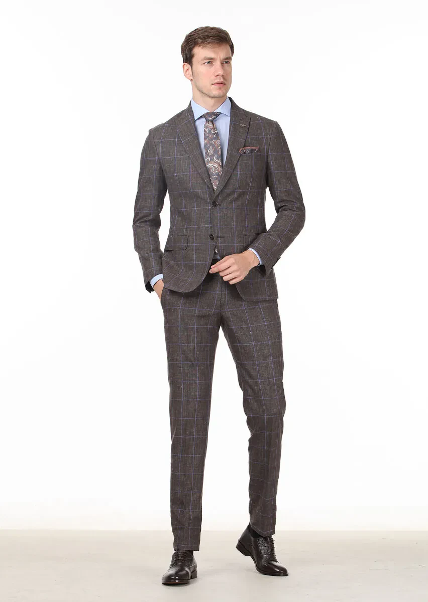 Kahverengi Kareli Zeroweight Slim Fit Yün Karışımlı Takım Elbise - 2