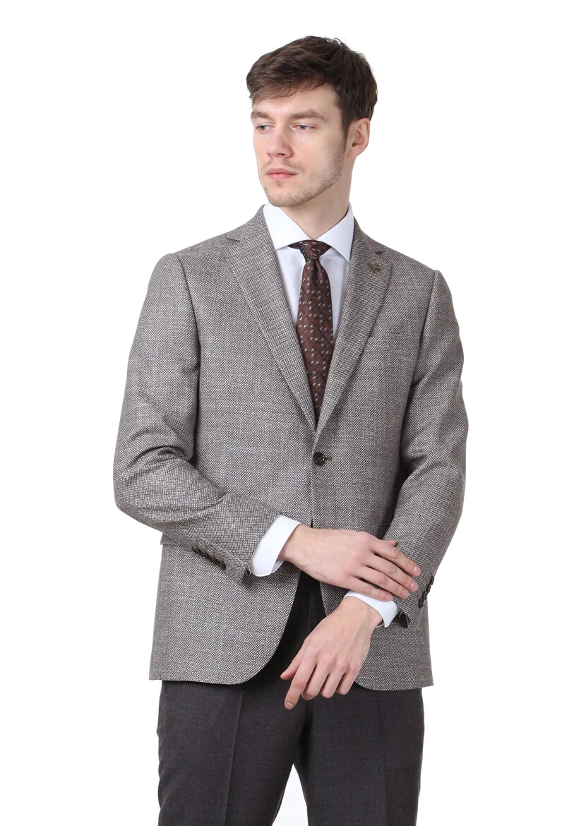 Kahverengi Mikro Regular Fit İpek Karışımlı Ceket - 1