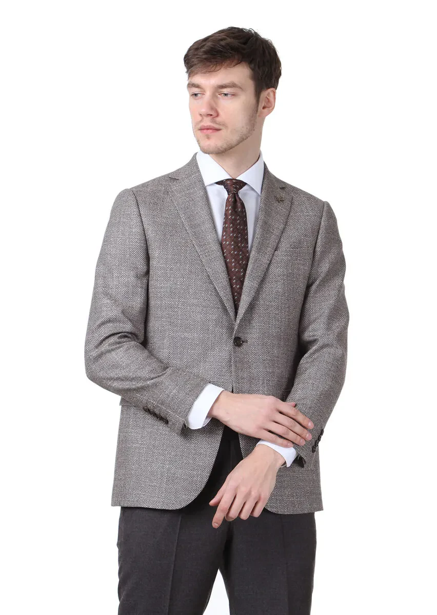 Kahverengi Mikro Regular Fit İpek Karışımlı Ceket - 1