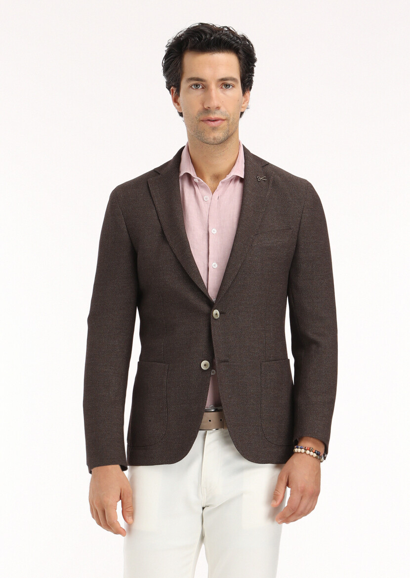 Kahverengi Mikro Shirt Shoulder Slim Fit Yün Karışımlı Ceket - 2