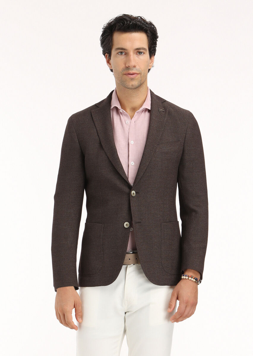 Kahverengi Mikro Shirt Shoulder Slim Fit Yün Karışımlı Ceket - 2