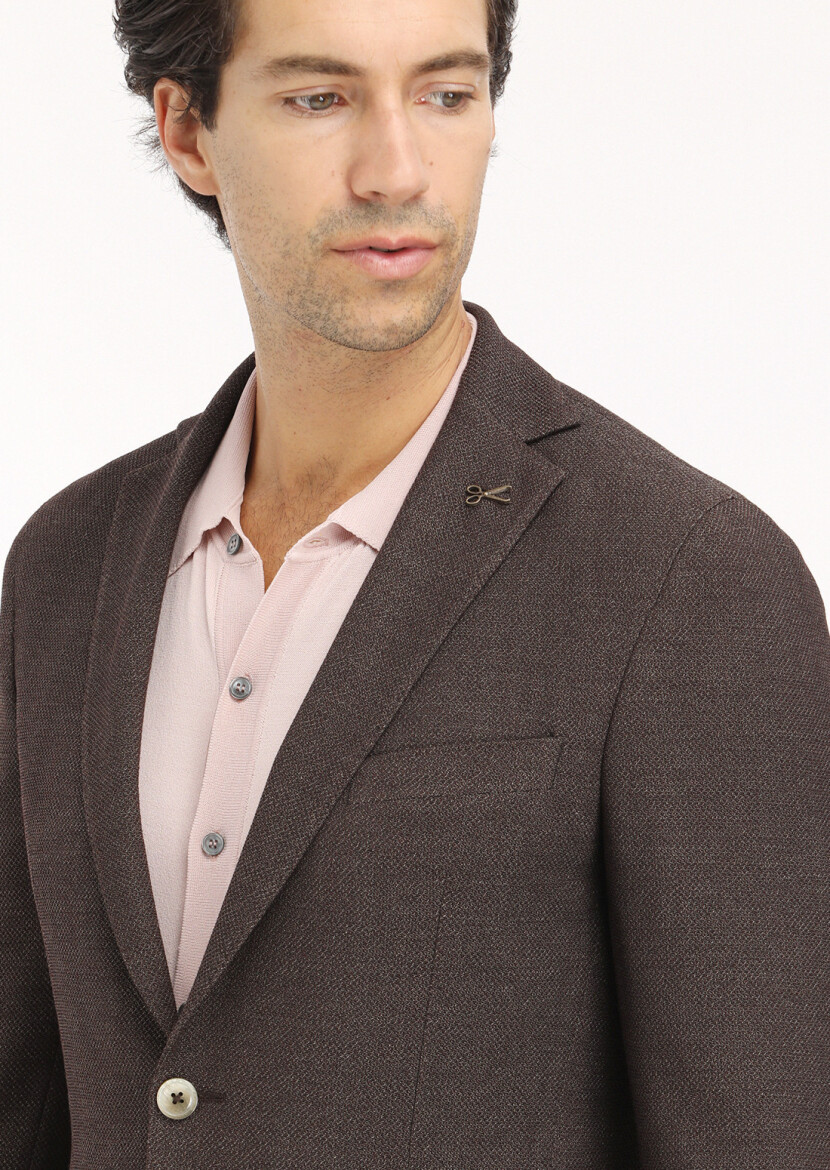 Kahverengi Mikro Shirt Shoulder Slim Fit Yün Karışımlı Ceket - 4