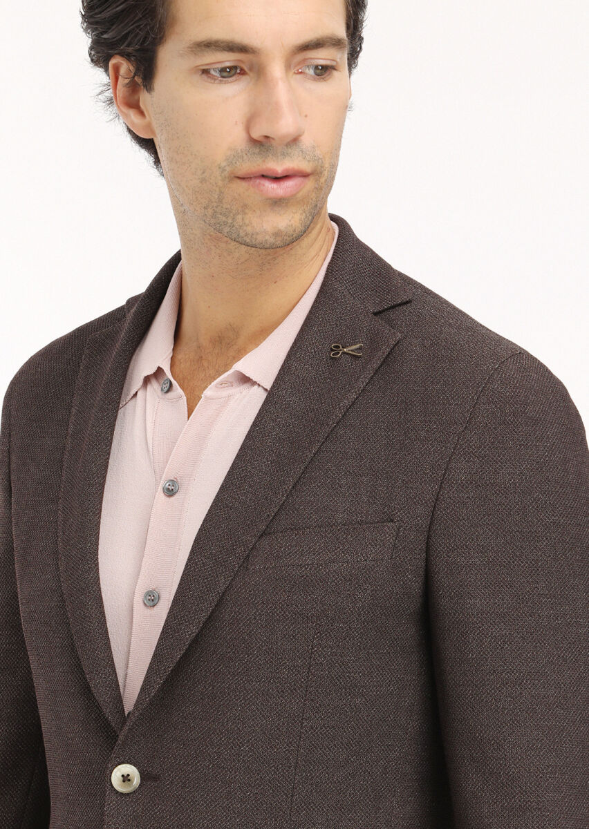 Kahverengi Mikro Shirt Shoulder Slim Fit Yün Karışımlı Ceket - 4