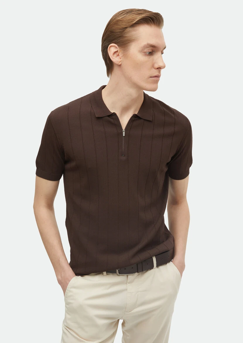 Kahverengi Polo Yaka Jakarlı Triko - RAMSEY