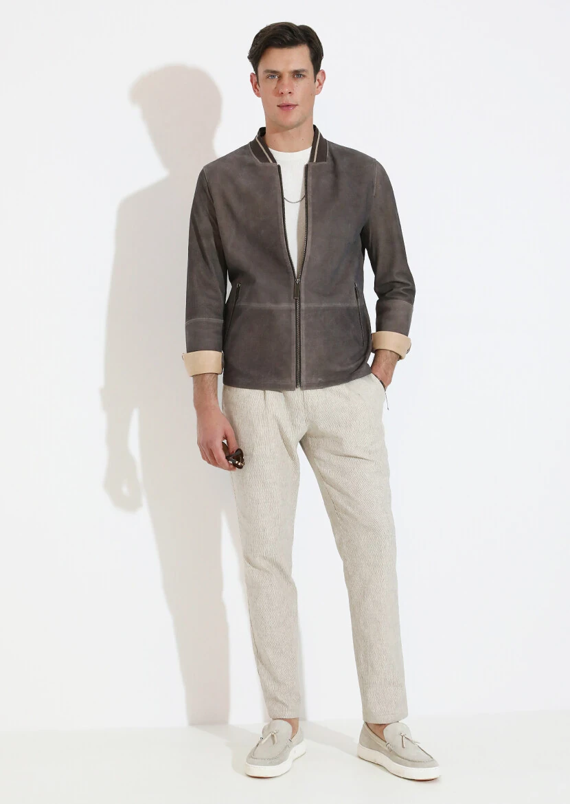 Kahverengi Regular Fit Dik Yaka Casual Deri Deri Mont - 1