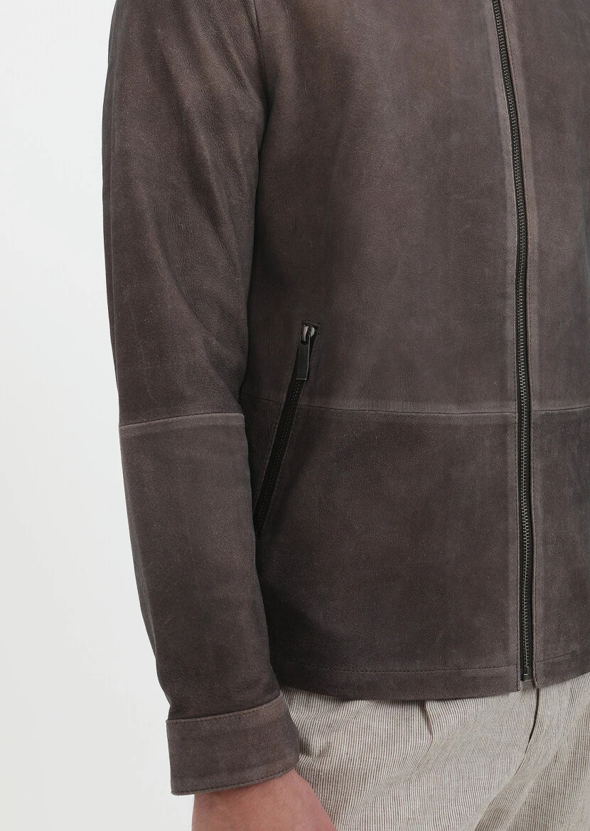 Kahverengi Regular Fit Dik Yaka Casual Deri Deri Mont - 4