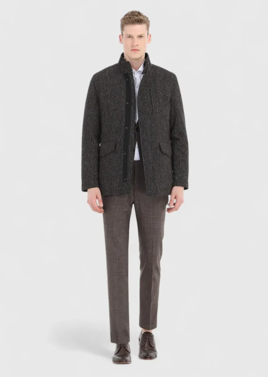 Kahverengi Regular Fit Dik Yaka Casual Dokuma Mont - 1