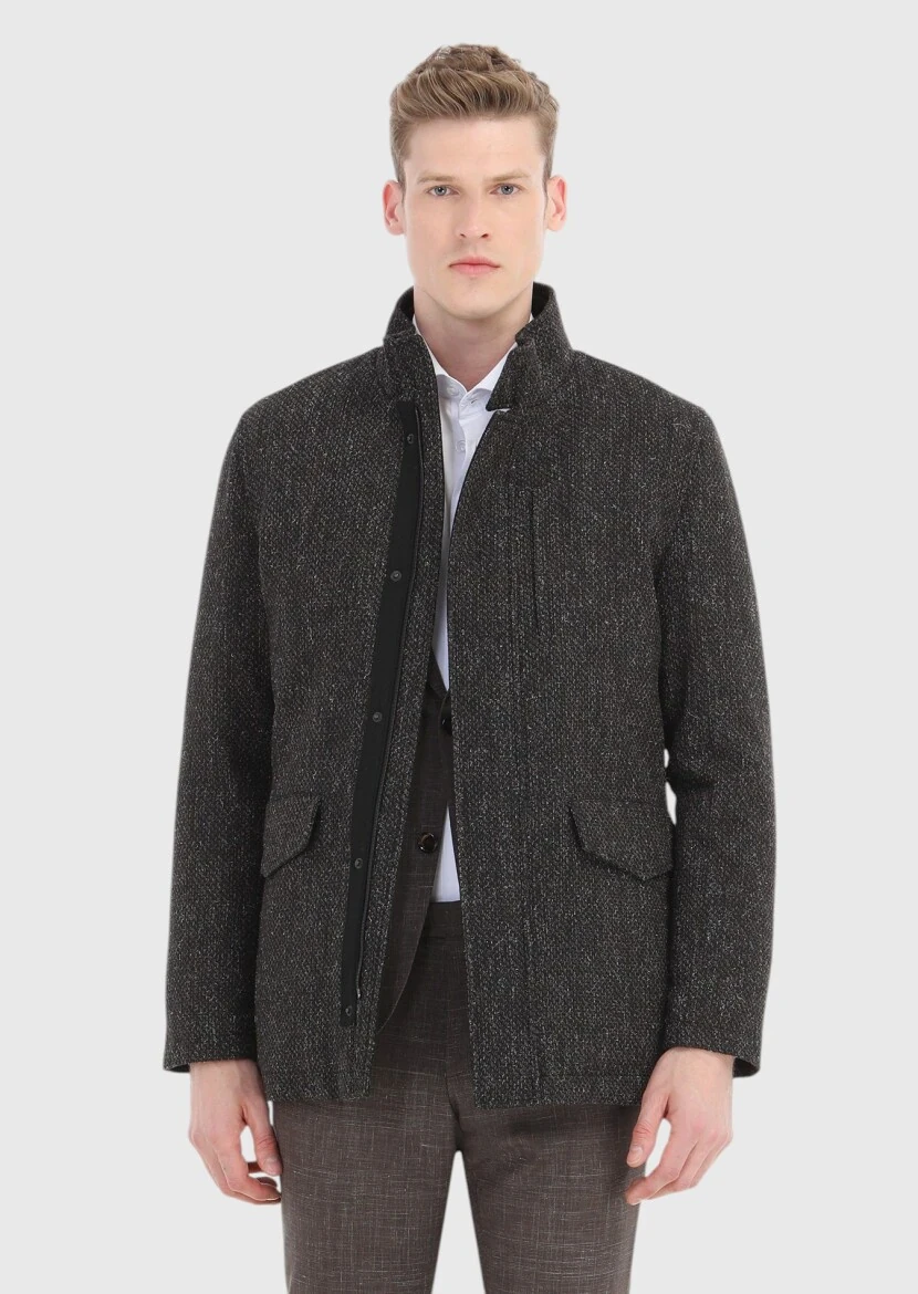 Kahverengi Regular Fit Dik Yaka Casual Dokuma Mont - 3