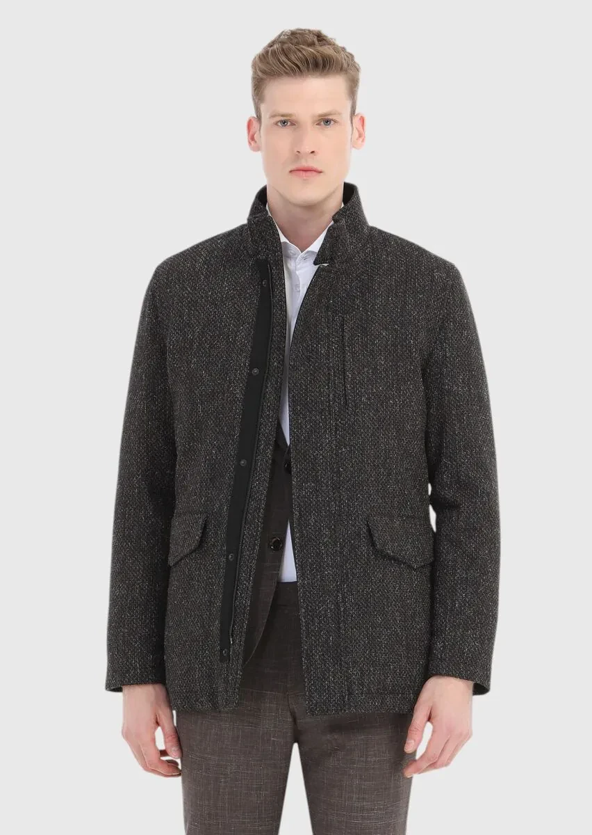 Kahverengi Regular Fit Dik Yaka Casual Dokuma Mont - 3