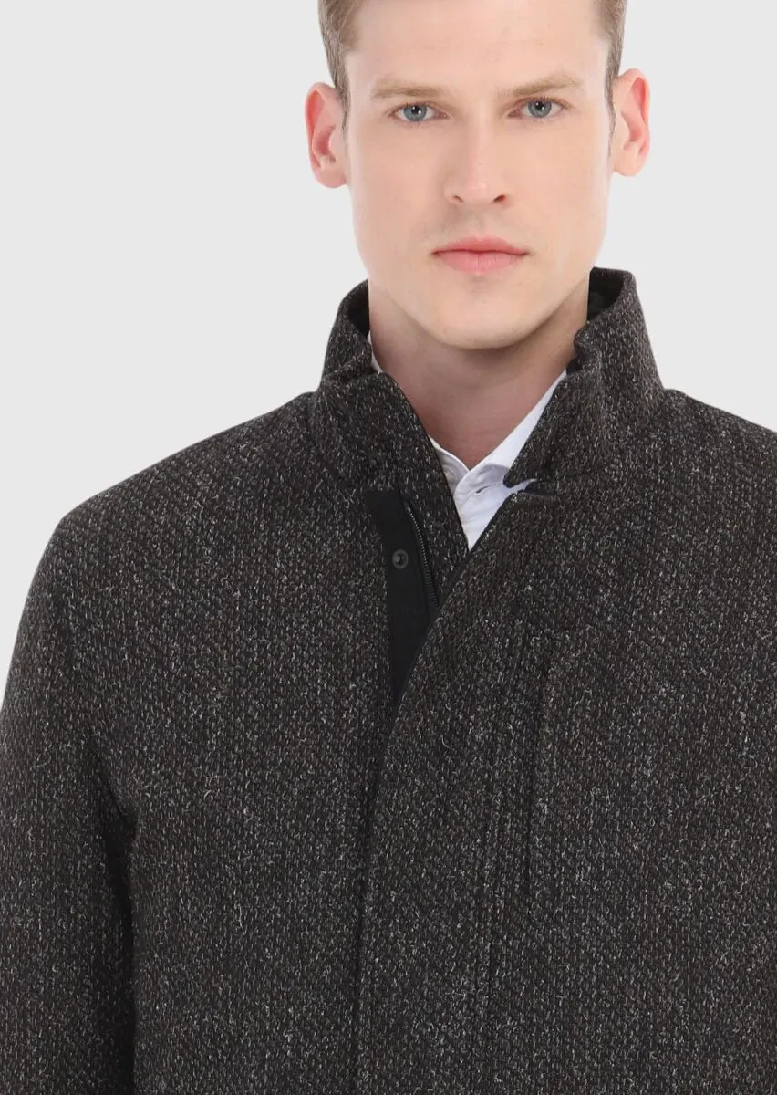 Kahverengi Regular Fit Dik Yaka Casual Dokuma Mont - 4