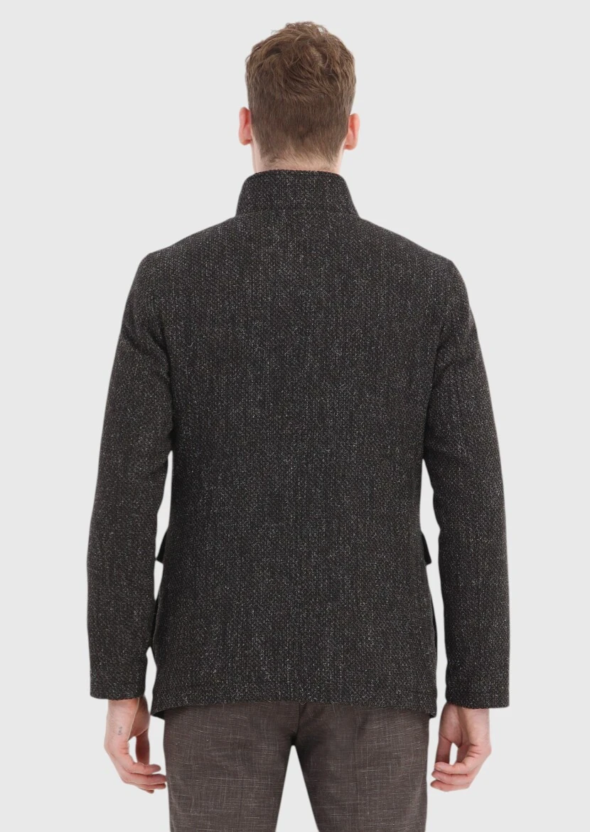 Kahverengi Regular Fit Dik Yaka Casual Dokuma Mont - 5