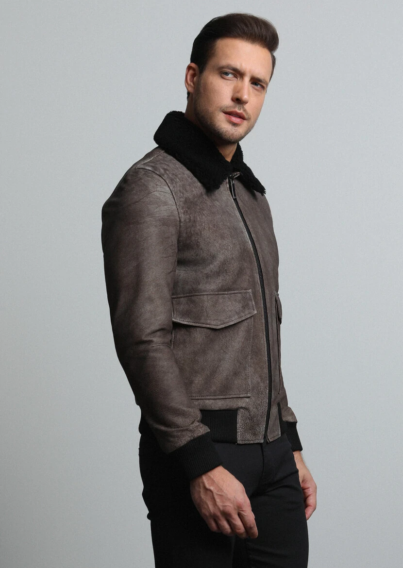 Kahverengi Regular Fit Gömlek Yaka Casual Deri Deri Mont - 4