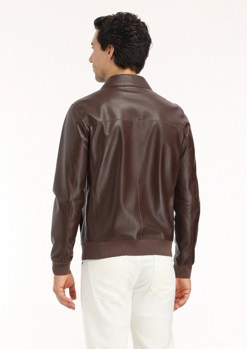 Kahverengi Regular Fit Gömlek Yaka Casual Deri Deri Mont - 5