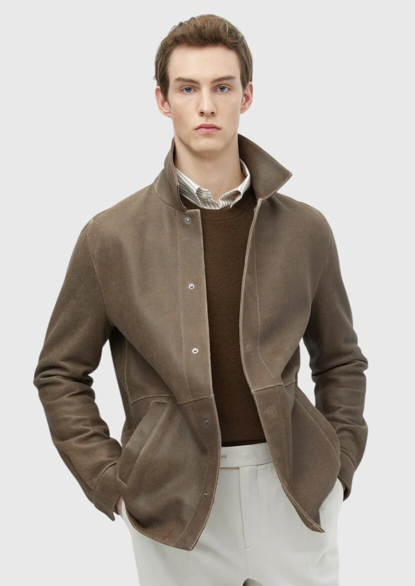 Kahverengi Regular Fit Gömlek Yaka Casual Deri Deri Mont - RAMSEY