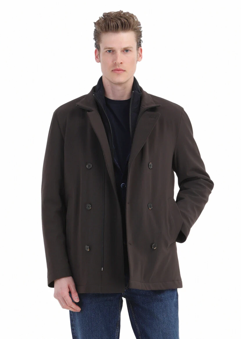 Kahverengi Regular Fit Kruvaze Yaka Casual Örme Kaban - 3