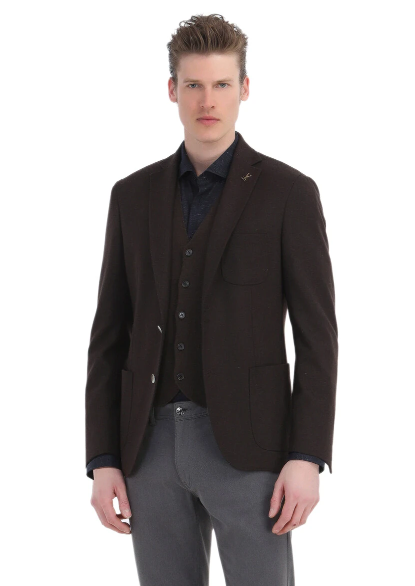 Kahverengi Regular Fit V Yaka Casual Örme Triko Yelek - 3