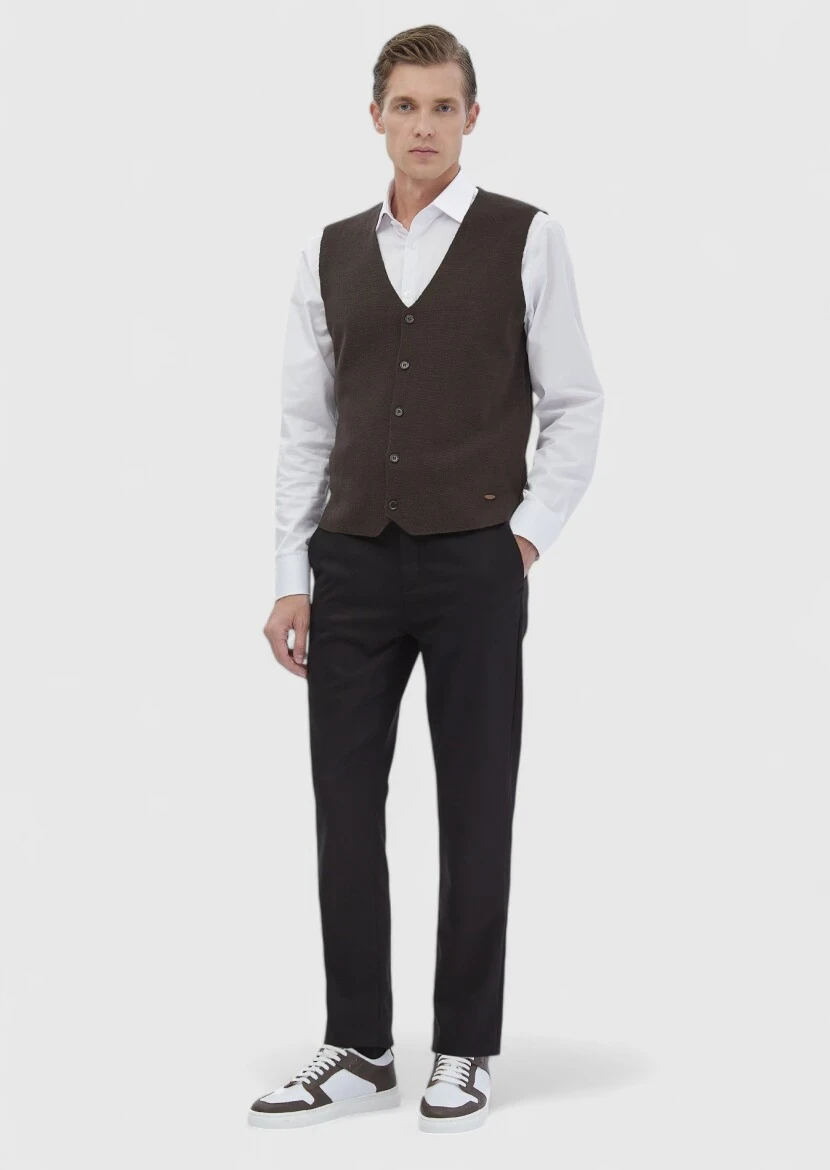 Kahverengi Regular Fit V Yaka Casual Örme Triko Yelek 