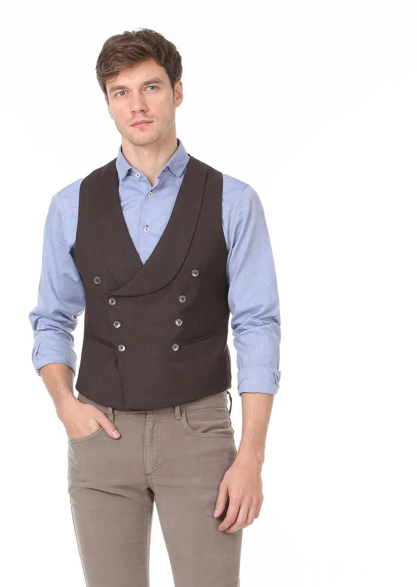 Kahverengi Slim Fit Şal Yaka Casual Yelek - 3