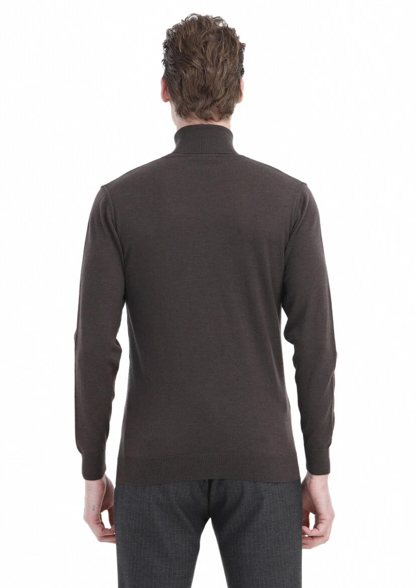 Kahverengi Tam Balıkçı Yaka Düz Örgü %100 Yün Triko Kazak - 6