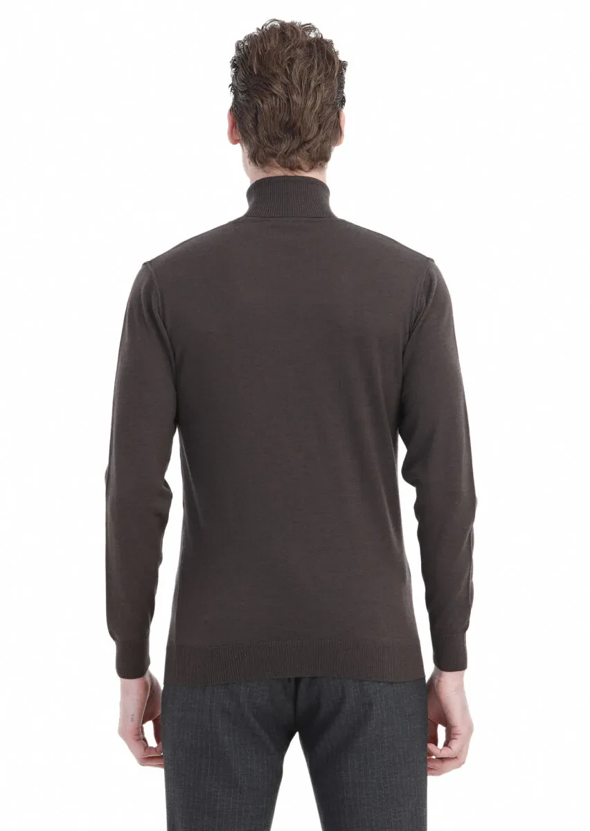 Kahverengi Tam Balıkçı Yaka Düz Örgü %100 Yün Triko Kazak - 6