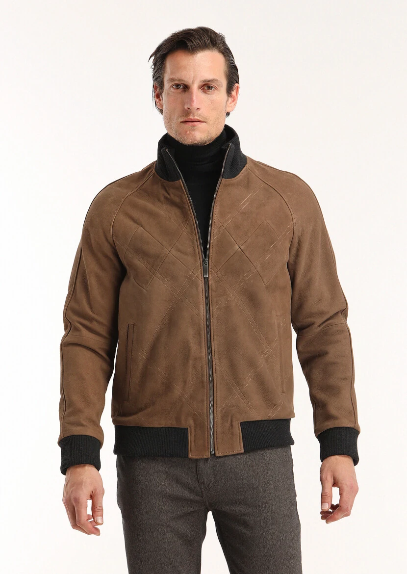 Karamel Regular Fit Dik Yaka Casual Deri Deri Mont - 4