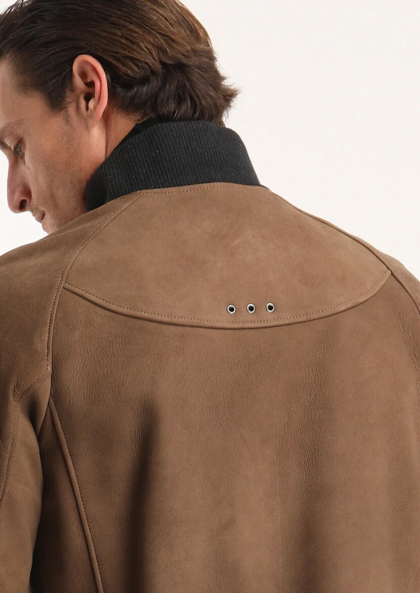 Karamel Regular Fit Dik Yaka Casual Deri Deri Mont - 5