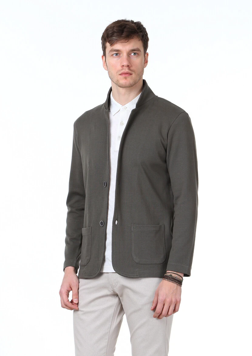 Khaki Jacquard 100% Cotton Cardigan - 1